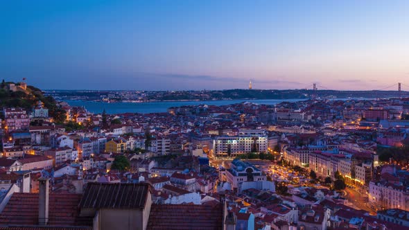 4 K Day to Night Timelapse of Lisbon Rooftop from  Senhora Do Monte Miradouro - Portugal