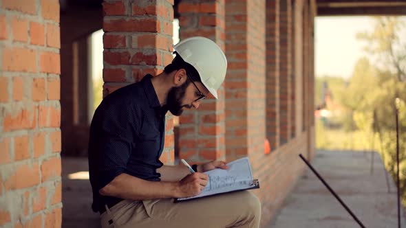Engineer Developer In Helmet Inspecting Building. Builder Constructor Specialist. Civil Engineer. alt