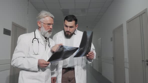 Two Doctors Talking in Hospital Hallway Examining Xray Scans Together