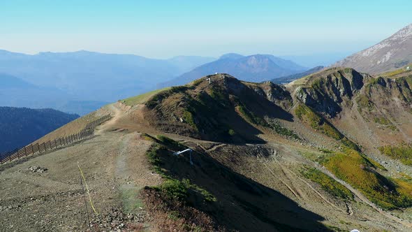 Panorama View on Aibga Mountains From Rosa Peak Cable Road Station. Rosa Khutor, Russia. alt