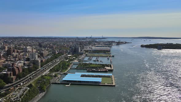 Aerial View of Downtown Brooklyn Over Hudson River New York City alt