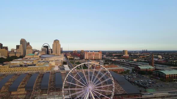 Ferris Wheel in Downtown Urban City of St. Louis, Missouri - Aerial Drone Panorama alt