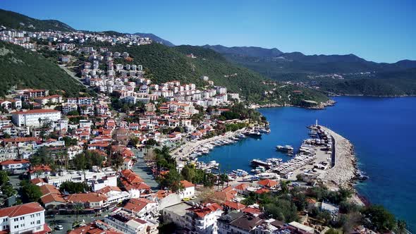 The top view from the drone of Kas resorts, bay, yahts, city in Mugla in Turkey alt