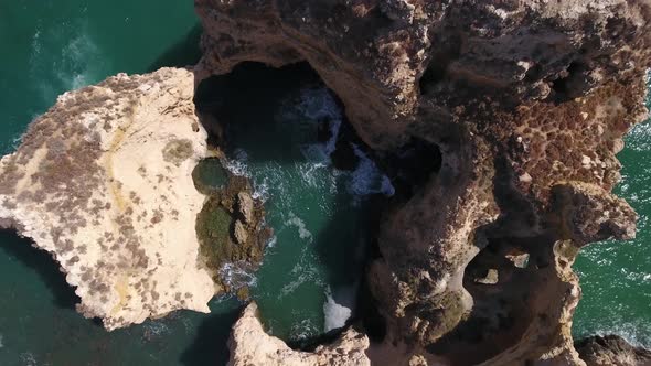 Aerial view of Ponta da Piedade rock formations in Lagos, Portugal alt