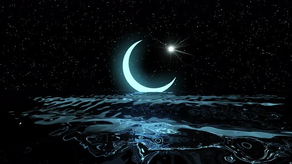 The crescent moon and sacred star shine over the sea during the holy month of Ramadan.