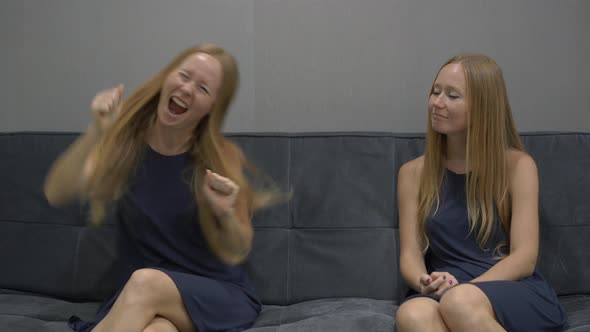 Emotional Intelligence Concept. On One Side of a Young Woman Feeling Happy and Excited on the Other