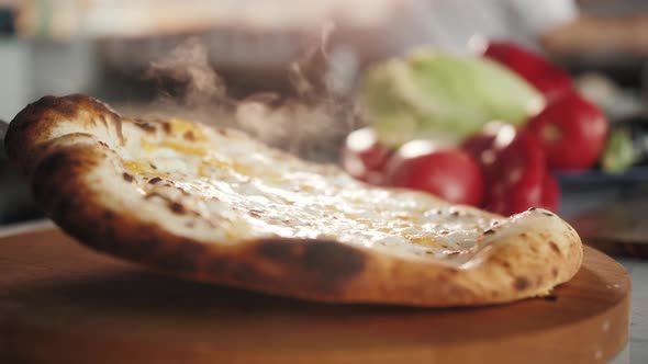 Chef Preparing Sour Cream and Cheese Pizza Cooking Italian Pizza alt