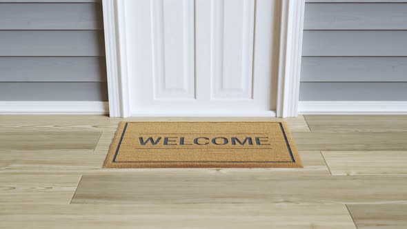 Drone delivering ordered package to the door, leaving it on a doormat. 4KHD alt