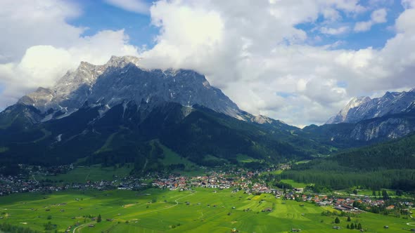 Aerial, drone view from Lermoos to Ehrwald and Zugspitze, Zugspitz Massif, Tyrol, Austria