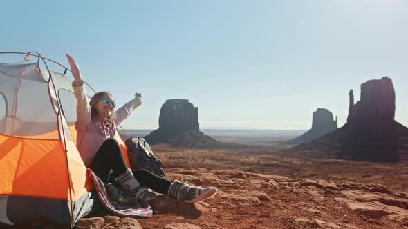 Happy Young Woman Greets New Day in Monument Valley  Female Slowly Waking Up alt