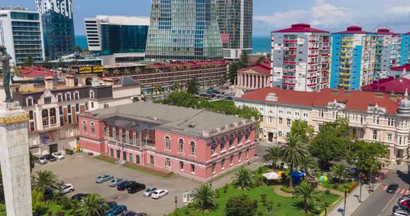 Aerial hyperlapse of Europe Square and Medea Statue in the center of Batumi alt