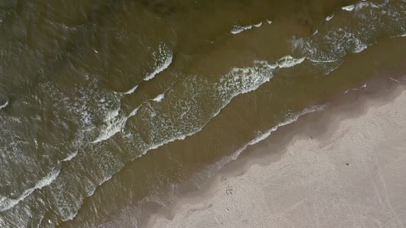 Topdown Of Foamy Waves Rolling Into Sandy Coastline Of Baltic Sea. Aerial Drone alt