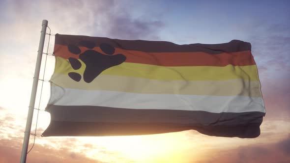 Bear Brotherhood Pride Flag Waving in the Wind Sky and Sun Background alt