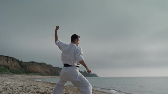 Karate Fighter Training Strength on Beach alt