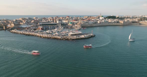 Aerial view of natural water pool along the coast in Acre Old town, Israel. alt