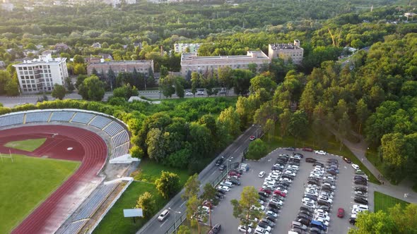 Aerial Kharkiv city center cityscape with stadium
