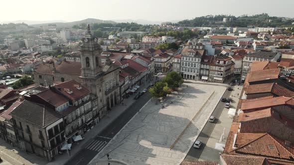 Aerial view Toural square landmark with São Pedro Church, Guimaraes