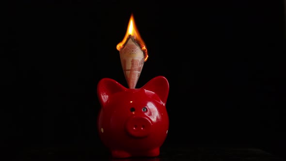 Burning 5000Th Banknote in Red Pig Piggy Bank on a Black Background