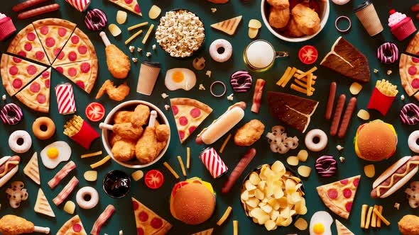 Seamless loop animation of fast food.A table is full of food, sweets and drinks alt
