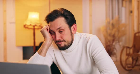 Sad Tradesman Receiving Email Message with Bad News Obout Transaction Serious Puzzled Businessman alt