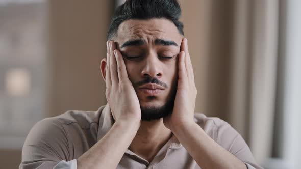 Depressed Tired Hispanic Arab Man Guy Businessman Worker Sit at Home Feel Boredom Depression alt