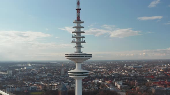 Close Up Aerial View of Heinrich Hertz TV Tower Rising Above Cityscape in Hamburg City Center alt