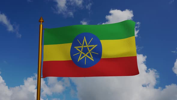 National flag of Ethiopia waving with flagpole and blue sky timelapse alt