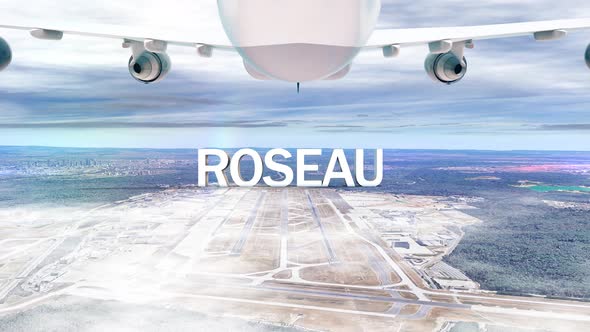 Commercial Airplane Over Clouds Arriving City Roseau