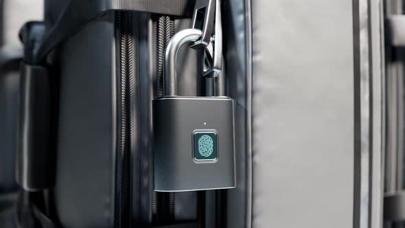Smart luggage lock. Unlocking with a fingerprint. Padlock with biometrics sensor alt