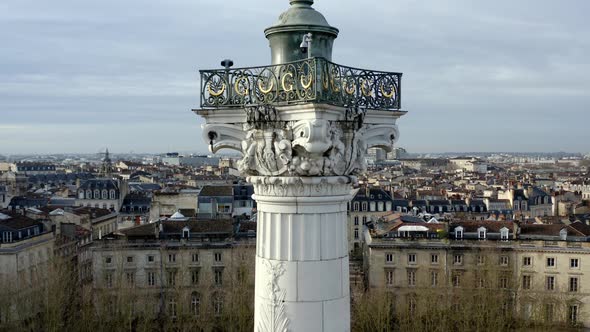 Girondins Angel of liberty monument column in Bordeaux France with city panoramic, Aerial pedestal l alt