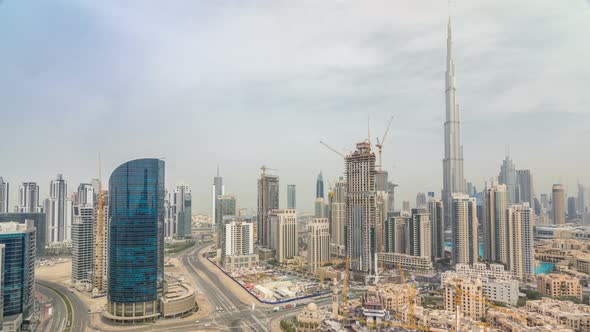 Downtown Dubai Skyline with Recidential Towers Timelapse View From Rooftop alt