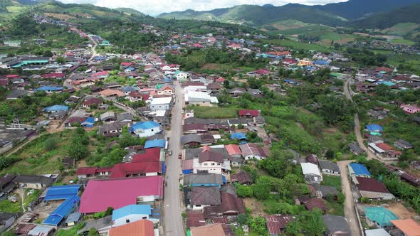 Aerial view from drone of the city of rural village in the mountains