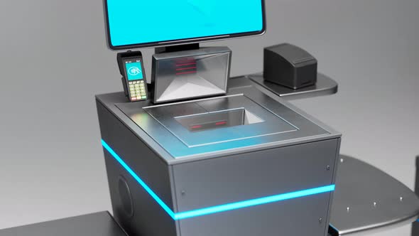 Self-service checkout in the shop.Ready for scanning and paying for the items alt