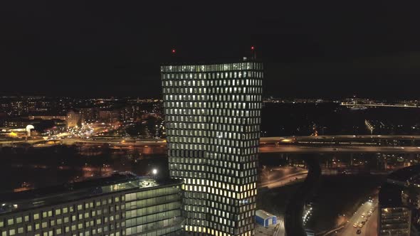 Aerial View of Skyscraper in Stockholm at Night
