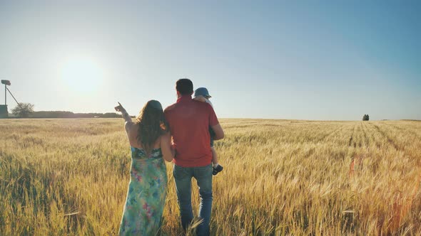 Young Parents Go with Their Son on a Wheat Field in the Evening