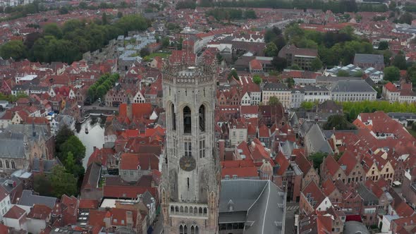 Belfry of Bruges Belltower Details on the Top From Aerial Perspective alt