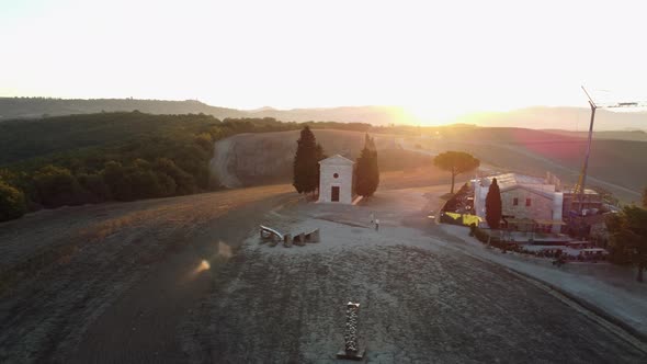 Chapel Vitaleta in Val d'Orcia Rolling Hills Aerial View in Tuscany alt