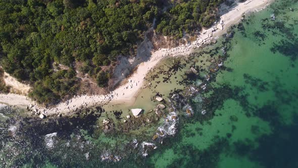 Aerial View of a Beautiful Beach with a Forest and Rocks alt