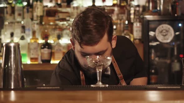 Barman Is Putting Ice Cubes in a Glass on a Bar Counter alt