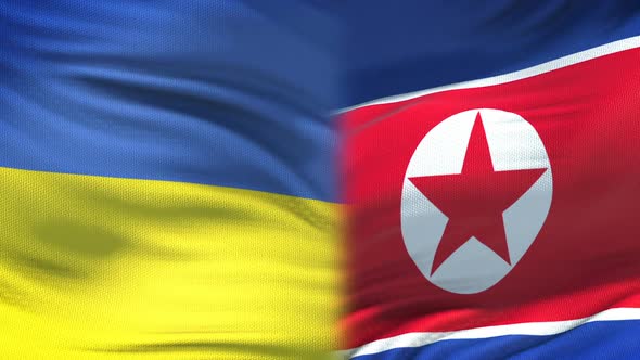Ukraine and North Korea Handshake, International Friendship, Flag Background alt