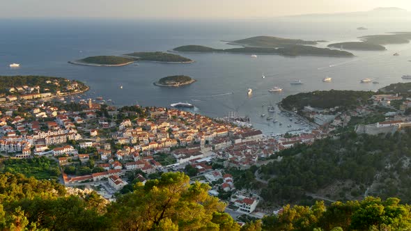 Hvar City, Hvar Island, Croatia. The City on the Coast of Adriatic Sea During Sunset. Ships Are alt