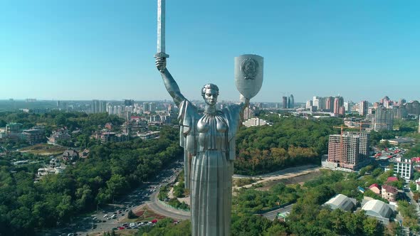 Aerial Drone Footage. Fly To Motherland Monument in Kyiv