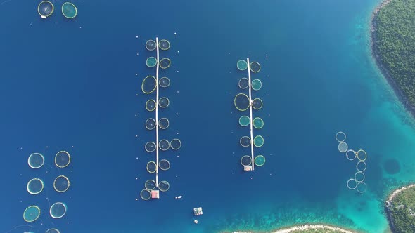 Shot from above of a sea fish farm in Croatia alt