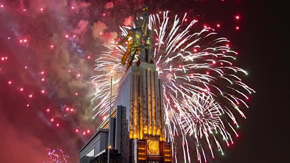 fireworks and soviet monument Rabochiy i Kolkhoznitsa, Moscow, Russia.Made of in 1937