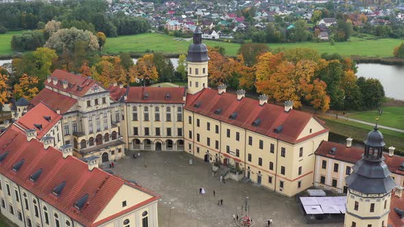 Top View of the Autumn Nesvizh Castle and Park