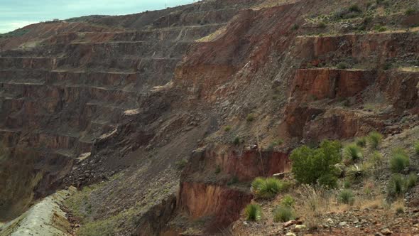 The Lavender Pit Mine, Bisbee, Arizona. Close-up of the upper section, open copper pit mine. alt