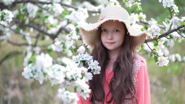 Beauty Young Girl Walking in Apple Blooming Spring Orchard alt