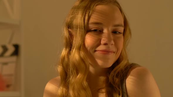 Dreamy Young Lady Sitting at Home and Thinking About Beloved, Tender Feeling alt