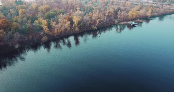 Takeoff Over Islands and Rivers in Autumn Against the Backdrop of Kiev Ukraine