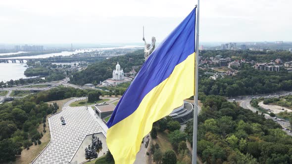 Kyiv - National Flag of Ukraine By Day. Aerial View. Kiev. Slow Motion alt